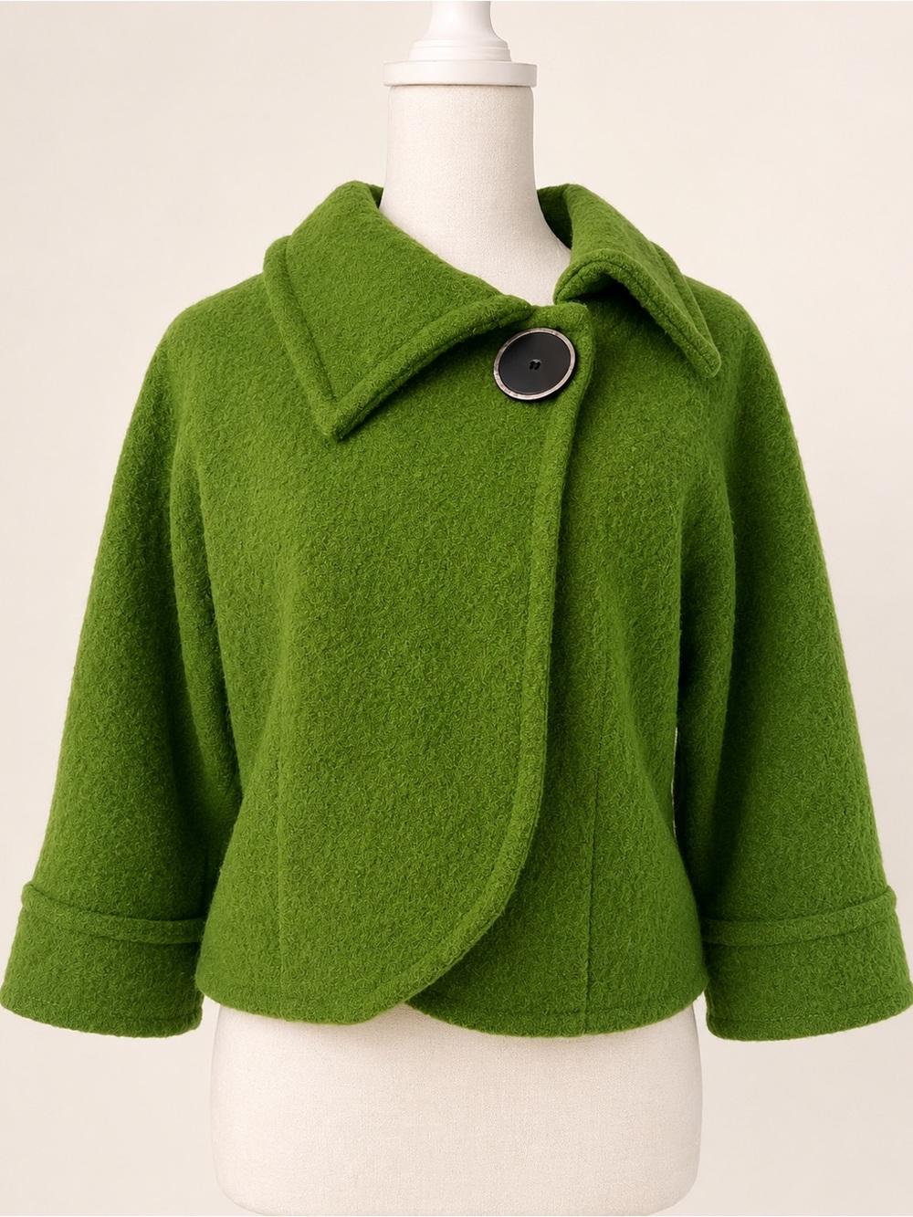 Green Wool Cropped Coat with Oversized Button - Small